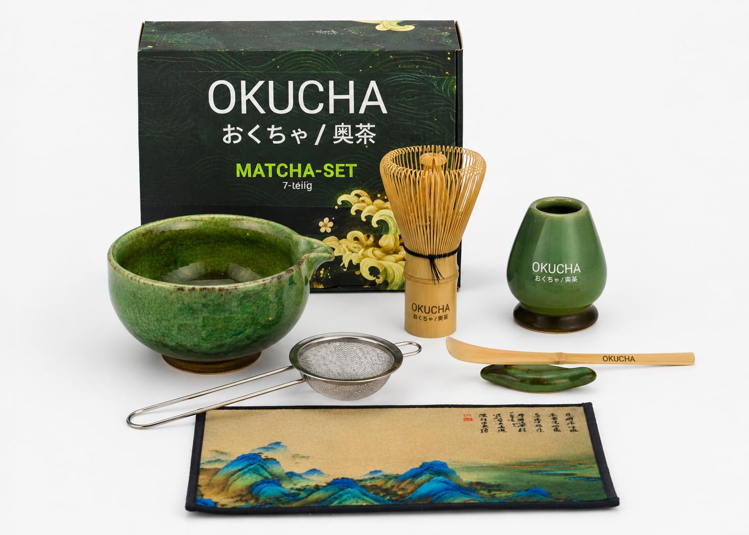 Juego de té macha trenzado a mano con escoba matcha de bambú, cuenco de cerámica matcha, cuchara y soporte, 7 piezas premium Ceremonial Matcha Set (Verde)