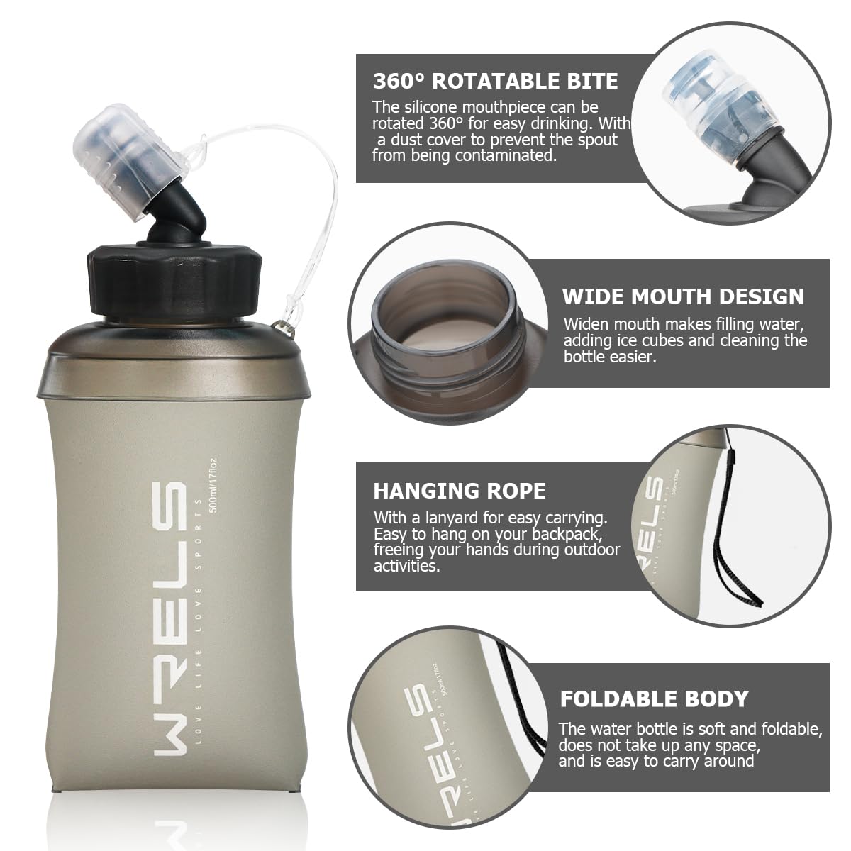 WRELS Weiche TPU-Wasserflaschen, BPA-frei, faltbar, mit breiter Öffnung für Laufweste, leicht, faltbar, Wasserflasche für Laufen, Marathon, Trail-Wandern, 350 ml / 500 ml, 2 Packungen