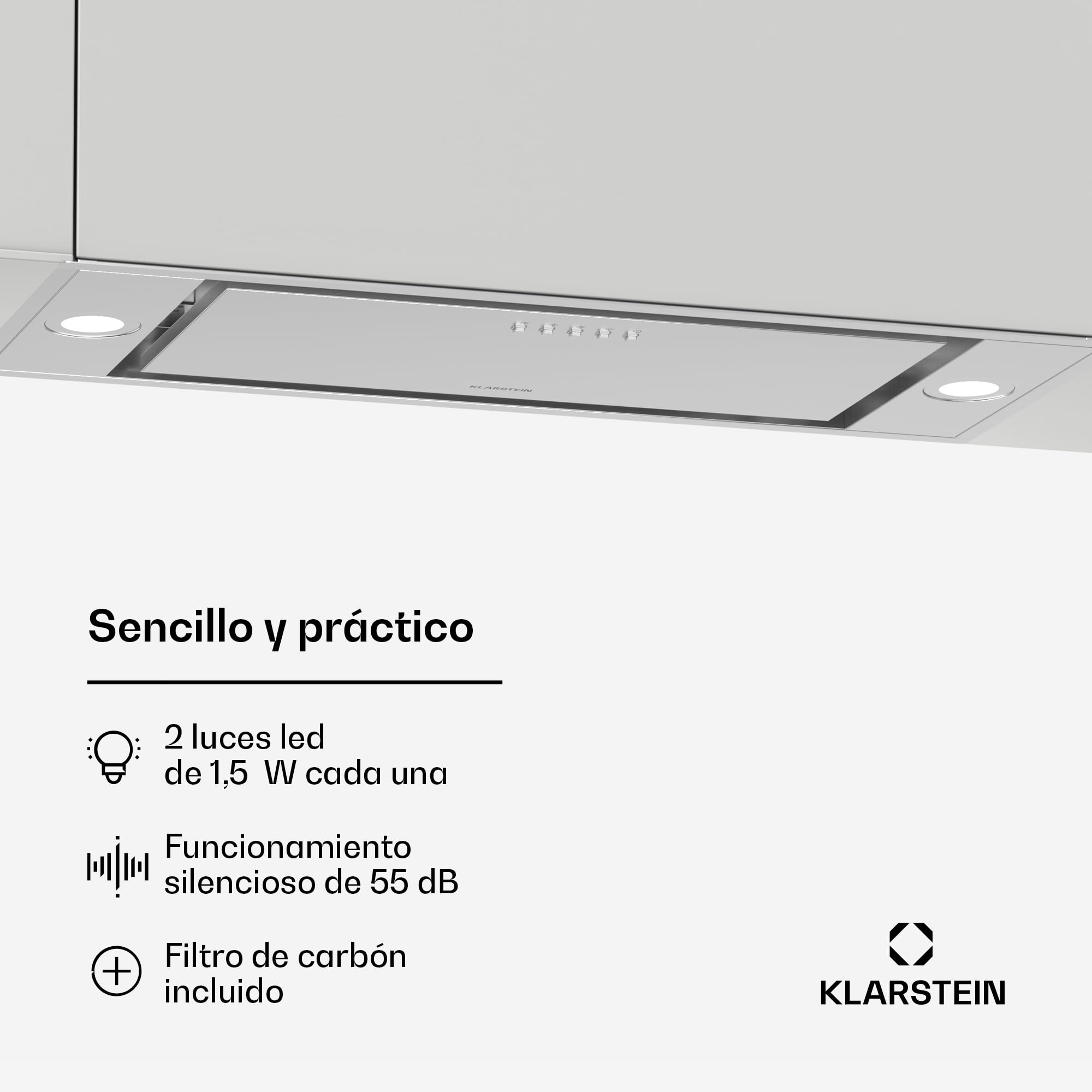 Klarstein TurboMax Campana Extractora, 75cm Campana Integrada con 382 m³/h, Eficiencia Energética A+, Motor CC Silencioso, Iluminación LED, Filtros de Carbón & Aluminio