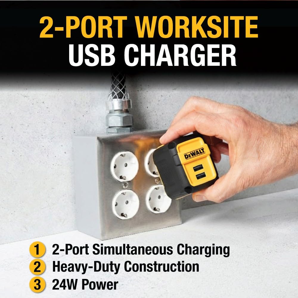 DEWALT Chargeur USB Mural Double Port 24W, Adaptateur Secteur Prise EU avec Ports Inclinés, Chargeur pour iPhone 17/16/15/14/13 Pro Max, Samsung Galaxy S22/S21/Note 20 – Design Robuste