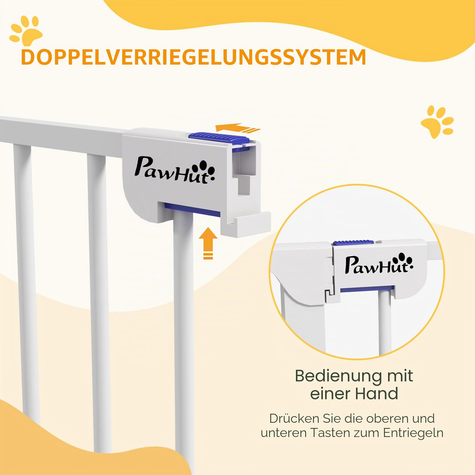 PawHut Sicherheitsgitter für Hunde, aus Stahl, 3 Paneele, faltbar, mit Doppelverriegelung und integrierter Tür, für Tür und Treppe, 206 x 120 cm, Weiß