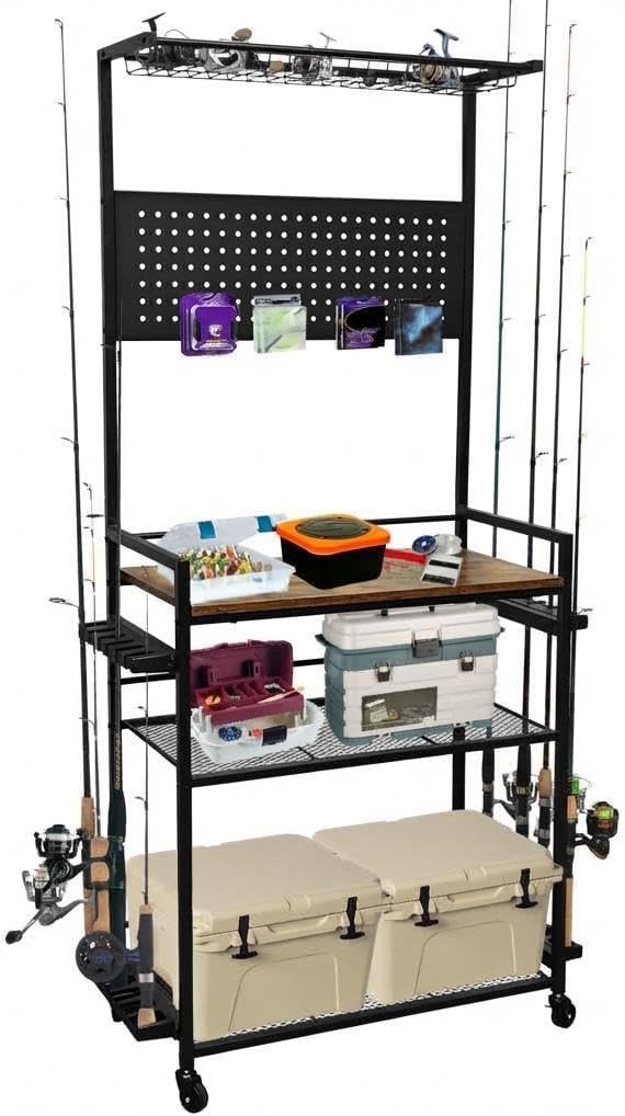 IDEALHOUSE 67.7" Heavy Duty 3-Tier Fishing Rod Rack - Holds Up to 12 Rods with Pegboard, Hooks & Reel Storage - Rolling Fishing Organizer Cart with Lockable Wheels - Black