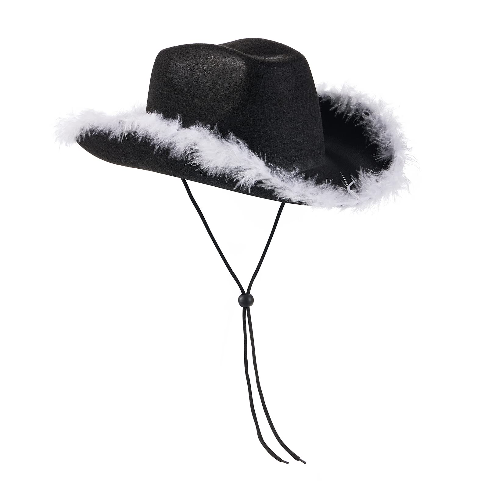 Glitters Cowboy Hats with Feathers Women Men Fluffy Cowgirl Hat Felt Wide Brim Western Party Halloween Dress Up Hat (White Trim Black, One Size)