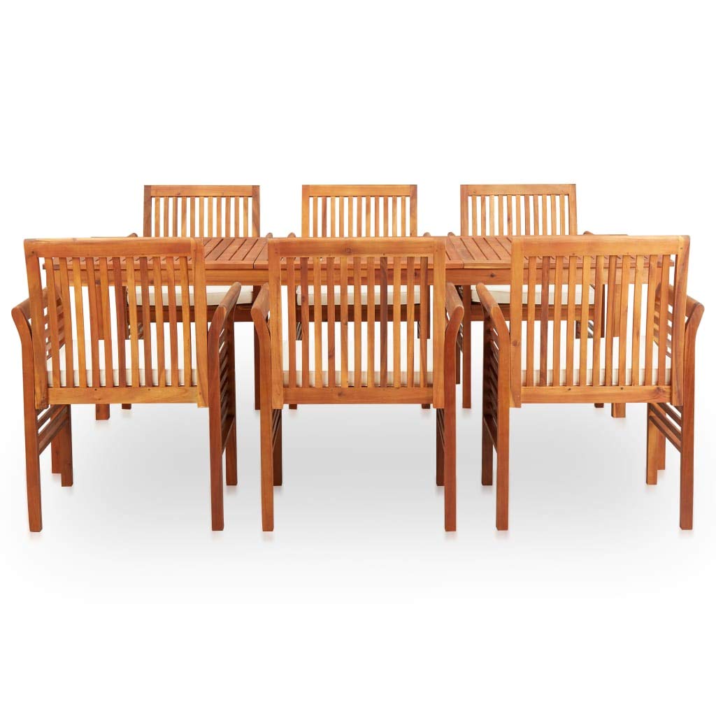 Juego de muebles de jardín (7 piezas, madera de acacia, 215 x 90 cm, con cojines de color crema, resistente a la intemperie, para terraza, balcón o jardín de invierno)
