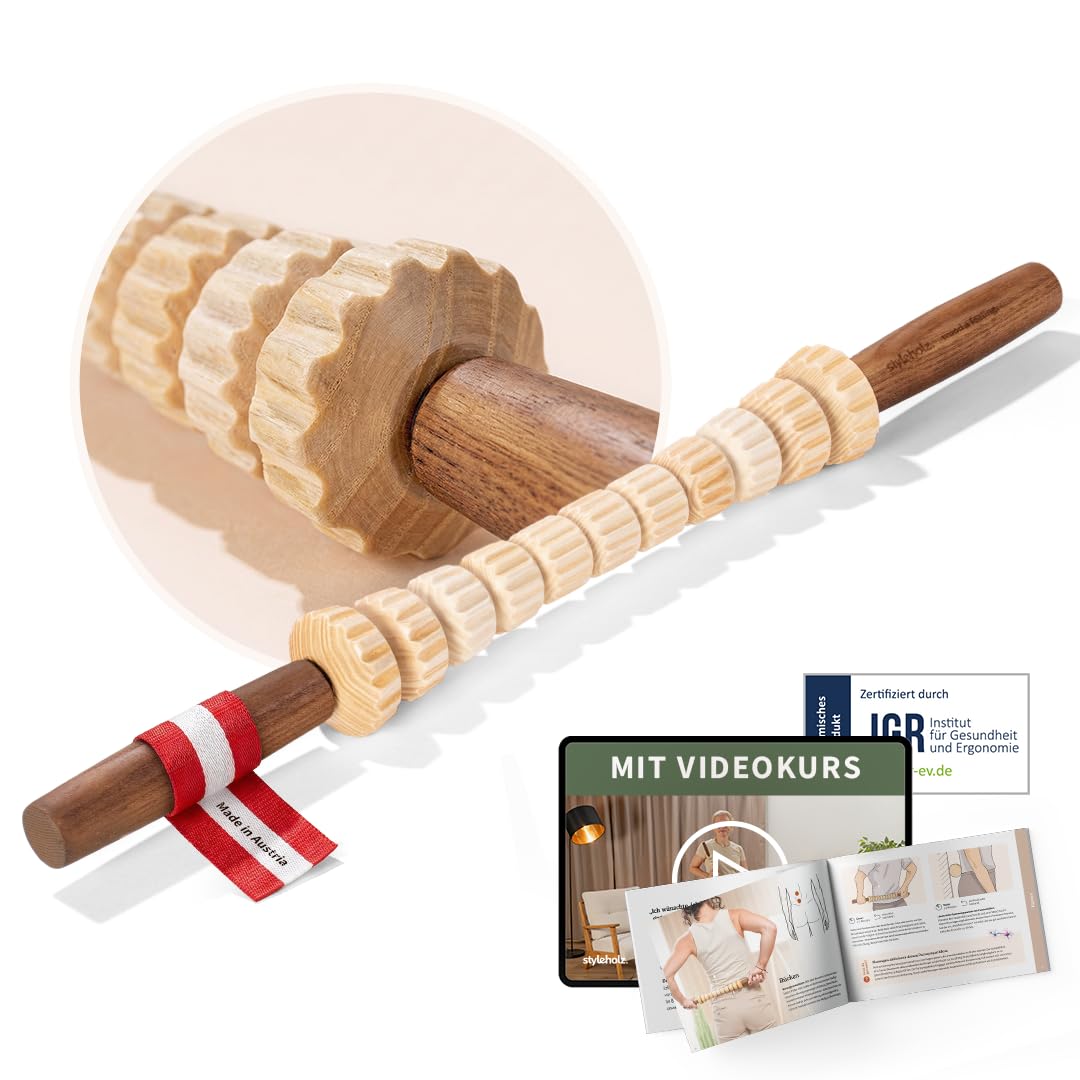 Faszienstab Woodstick FLEX mit GERILLTEN Massage-Elementen [DAS ORIGINAL aus Österreich – Echte Handarbeit] Biegsamer Faszien-Massagestab aus Holz – Faszientraining, ohne Rollen am Boden