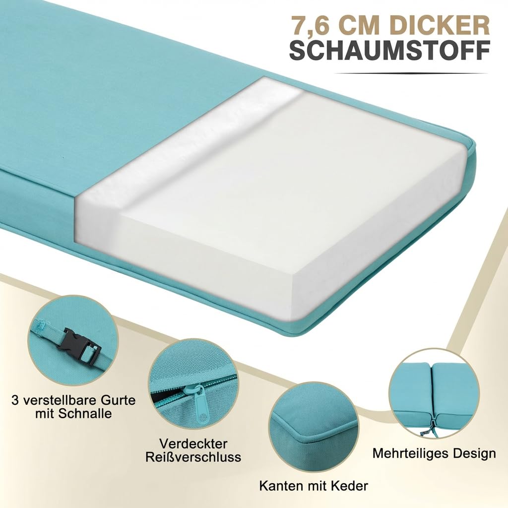 COWVIE 2er-Set Liegestuhl-Kissen, lichtbeständige und Wasserabweisende Bezüge aus Olefin-Gewebe mit Schaumstoffpolsterung, 183x55x8cm, Blaugrün