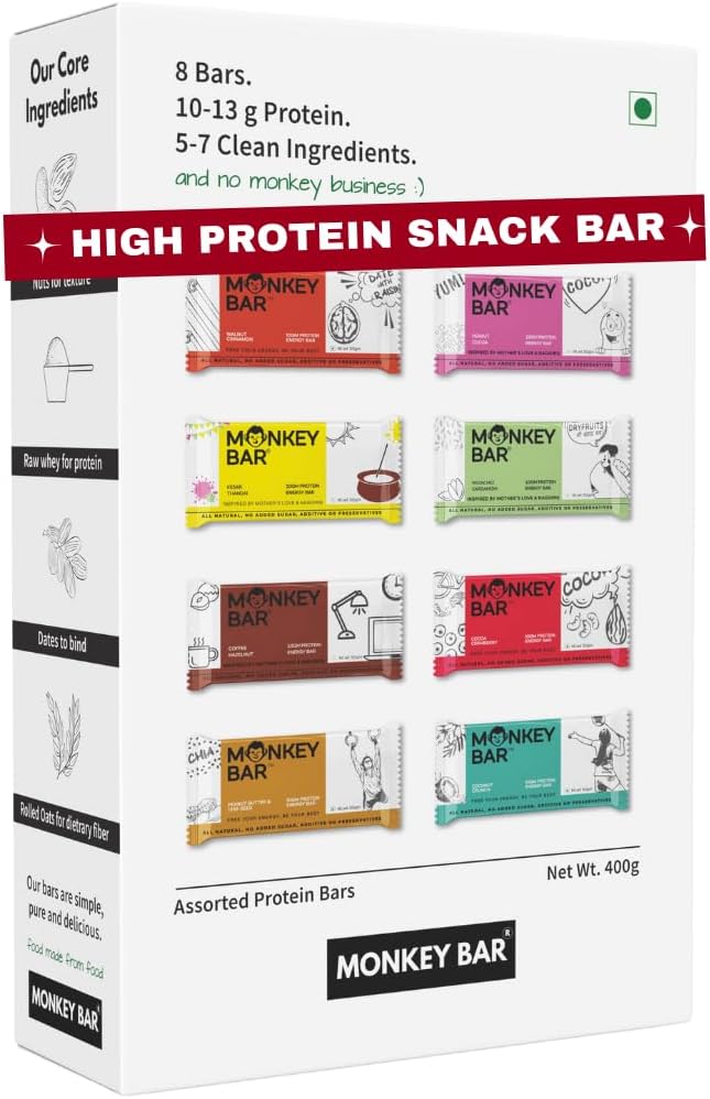 MONKEY BAR - Assorted Protein Bars - 8 Pack, 50grams each, 10-13g Protein, Healthy & High Protein Snack Bar, No Added Sugar, 5-7 All Natural Ingredients, 8 Delicious Flavours, Clean Energy