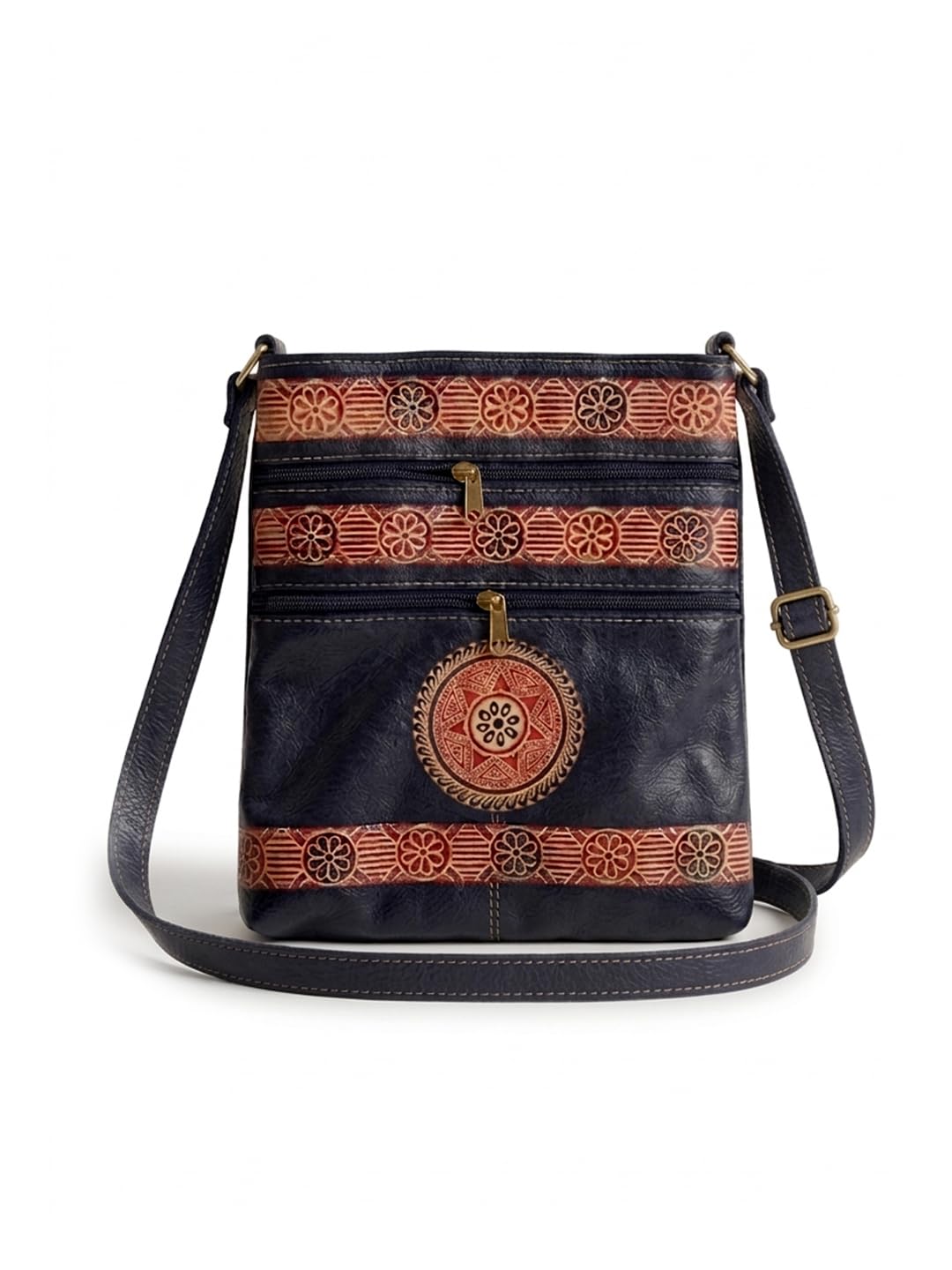 Shantiniketan Handcrafted Genuine Leather Sling Bag with Mandala Art Design, Traditional Ethnic Pattern-image-10