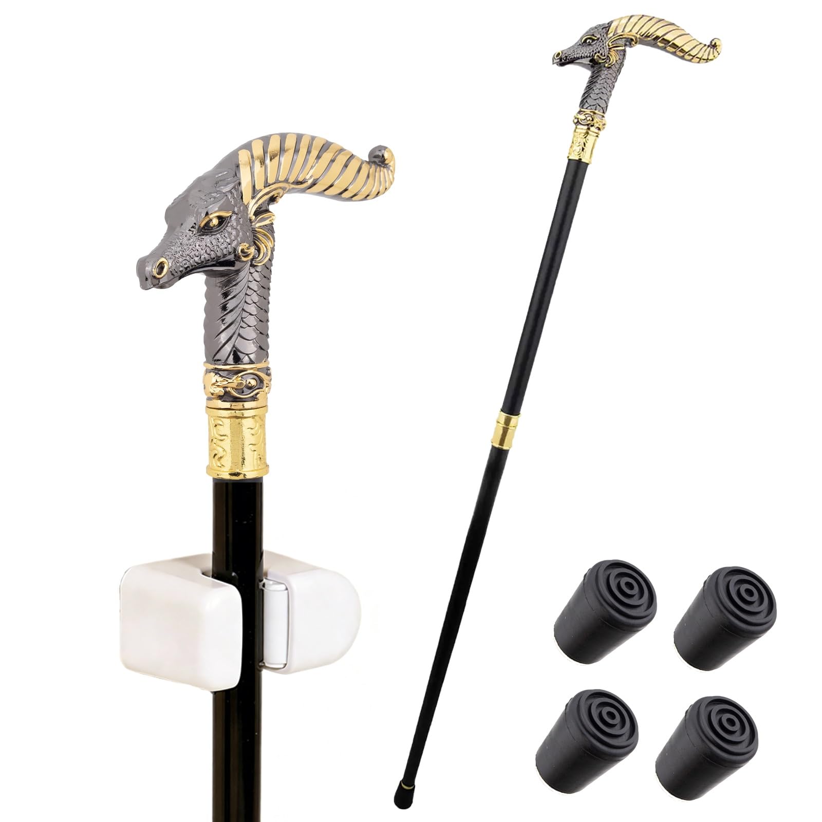 Bastón de Dragón con Cuernos, con Clip y 4 Antideslizantes Extraíbles, para Colección de Cosplay, Bastón Decorativo de 93 Cm(Black)