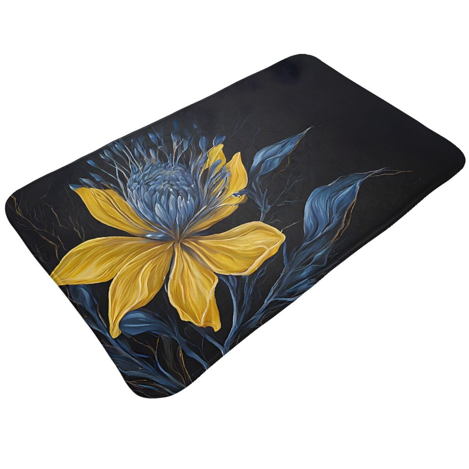 Turquoise Blue Gold Flowers Print Living Room Bathroom Kitchen Anti Slip and Absorbent Carpet, Indoor Entrance Door Muddy Floor Mat, Ultra Soft Washable Carpet 21x31.5 Inches