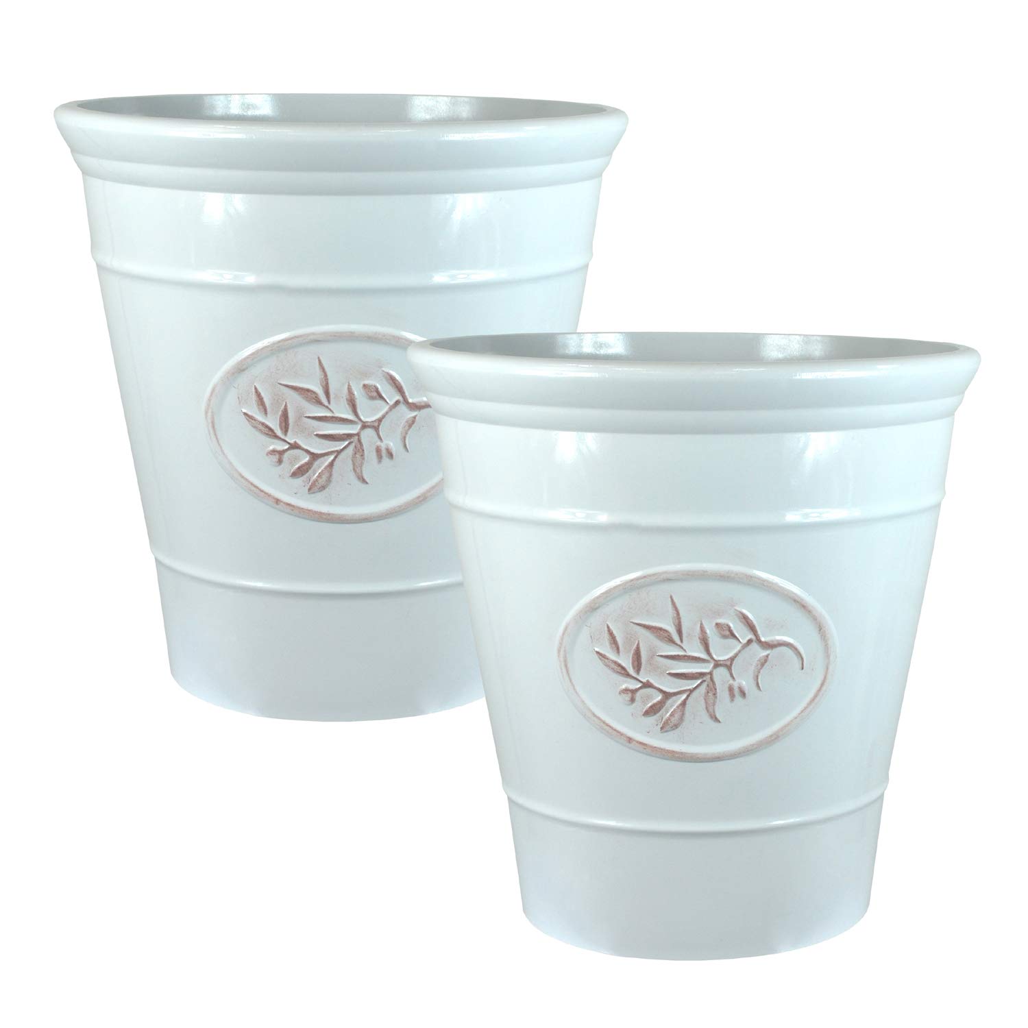 Country Style Gloss Plastic Planter - White, Set of 2-23cm (H) x 23cm (Dia) - Suitable for Indoor or Outdoor Use.