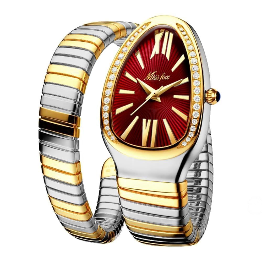 Klassische Damenuhr in Schlangenform, Gold und Silber, skalierbares Armband, Quarz-Uhren mit funkelnden Diamanten