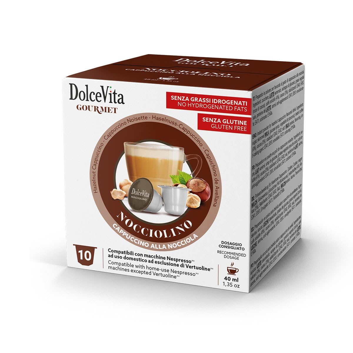 200 Capsule Compatibili con Nespresso NOCCIOLINO marchio DOLCE VITA - Senza Glutine - 20 Astucci da 10 Capsule –