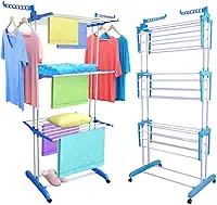 Varal de Chão Vertical Grande para Roupas 3 Andares em Aço Inox com Rodinhas, Retrátil, Reforçado, Dobrável, Regulável e com Suportes para Cabides - Super Compacto - Suporta até 40Kg de Roupas