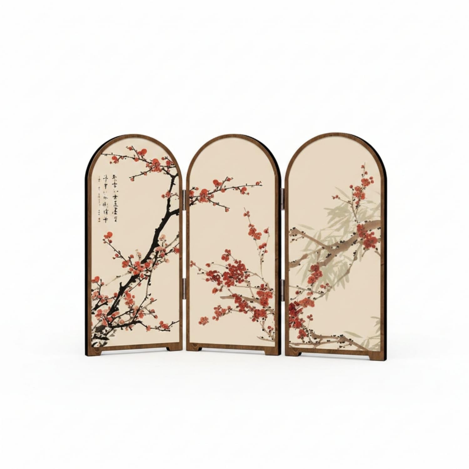 Hinged Tabletop Folding Screen Wood-Tone Arched Folding Screen Cream-Colored Tabletop Divider Printed Surface for Desk, Cabinet, Tea Table, Ink Plum Screen-image-2