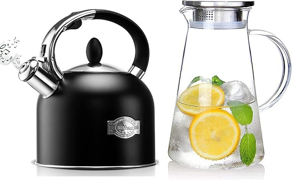 SUSTEAS 3.17 Quart Stove Top Whistling Tea Kettle and 68 ounces glass pitcher with lid for homemade beverage