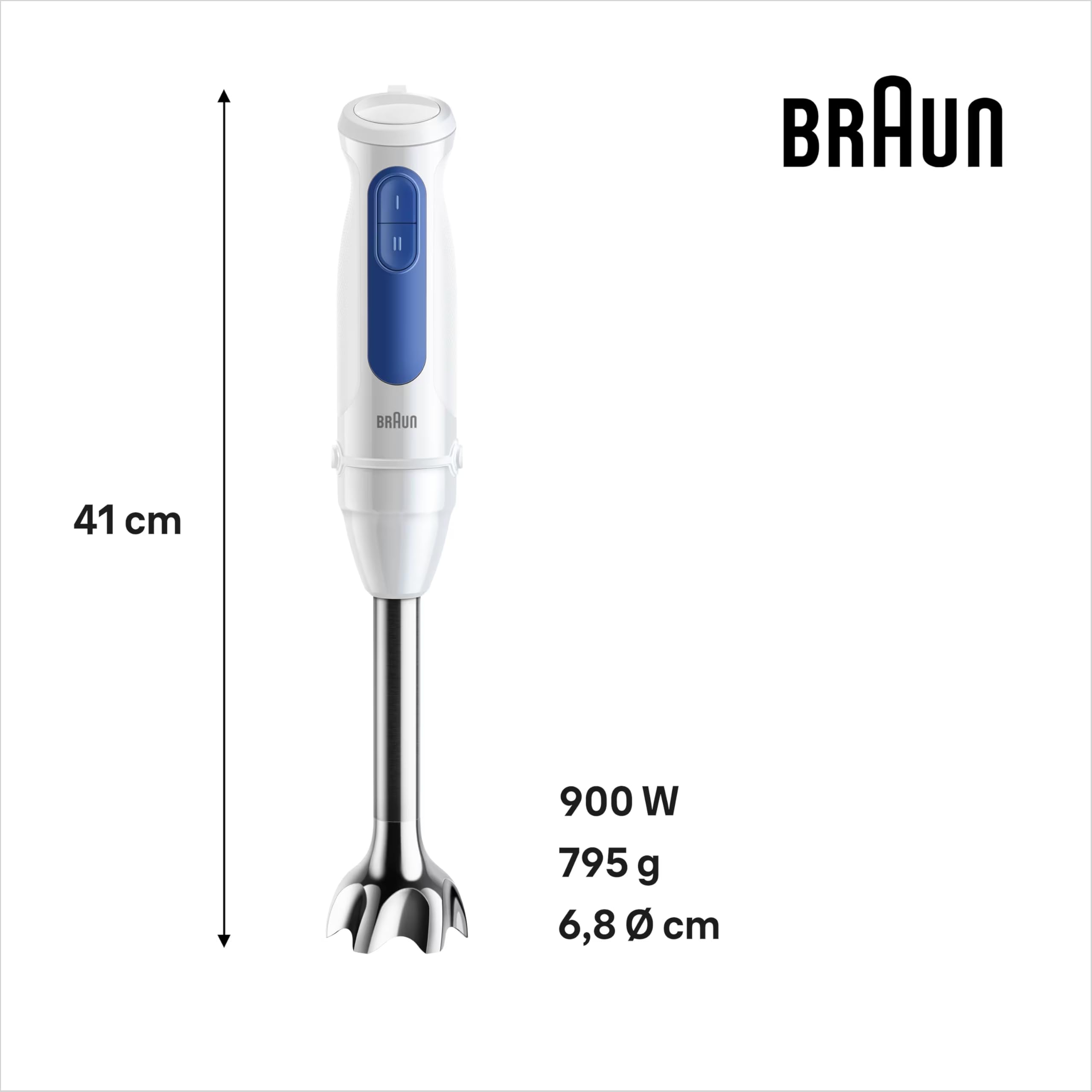 Braun MultiQuick 3 MQ30.001M Minipimer, Frullatore ad Immersione con Asta in Acciaio, 2 Velocità, Dotato di Bicchiere graduato 600ml, 2 Velocità, Tecnologia Splash Control, Tecnologia Tedesca, 900w