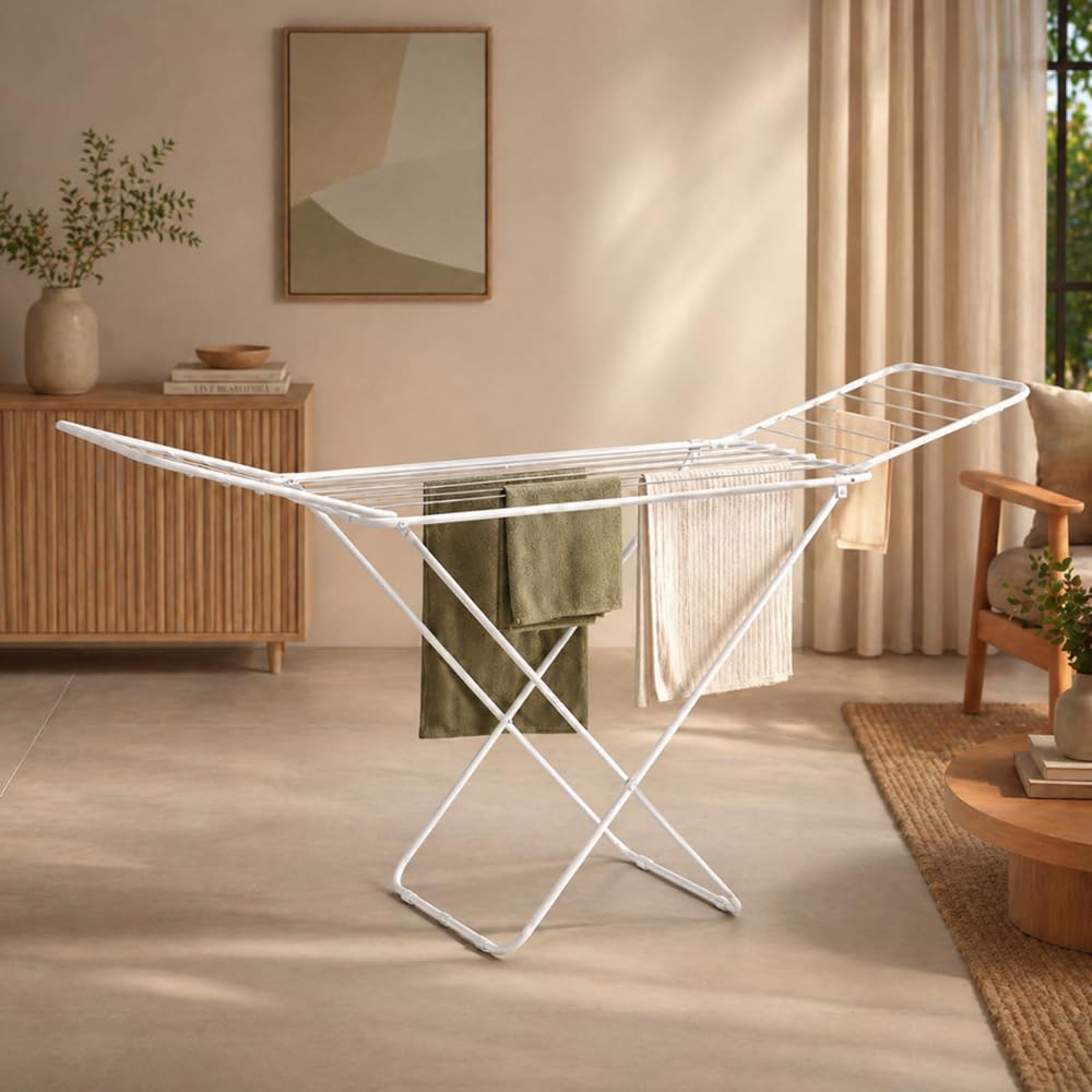 3 Way Foldable Cloth Drying Stand | 42 Feet Large Capacity | 20 Rods Heavy Duty Steel Dryer Rack | Portable, Rustproof Laundry Stand for Home (White)-image-32