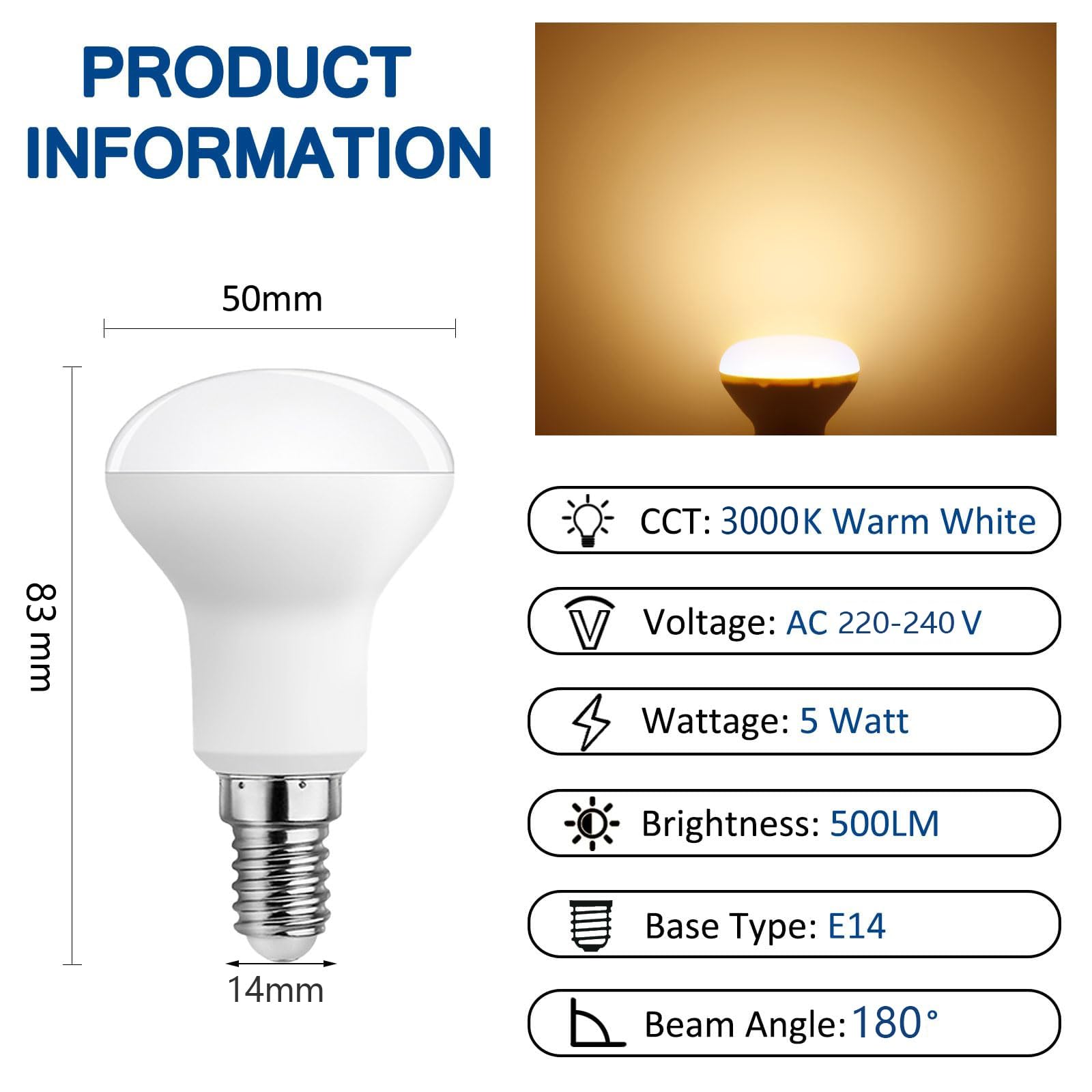 Pack de 8 Bombillas LED E14 R50 Blanco Cálido 3000K Sin Parpadeo Ahorro de Energía (CRI >80) No Regulable Para Lámparas de Mesa Colgantes Apliques(5W)