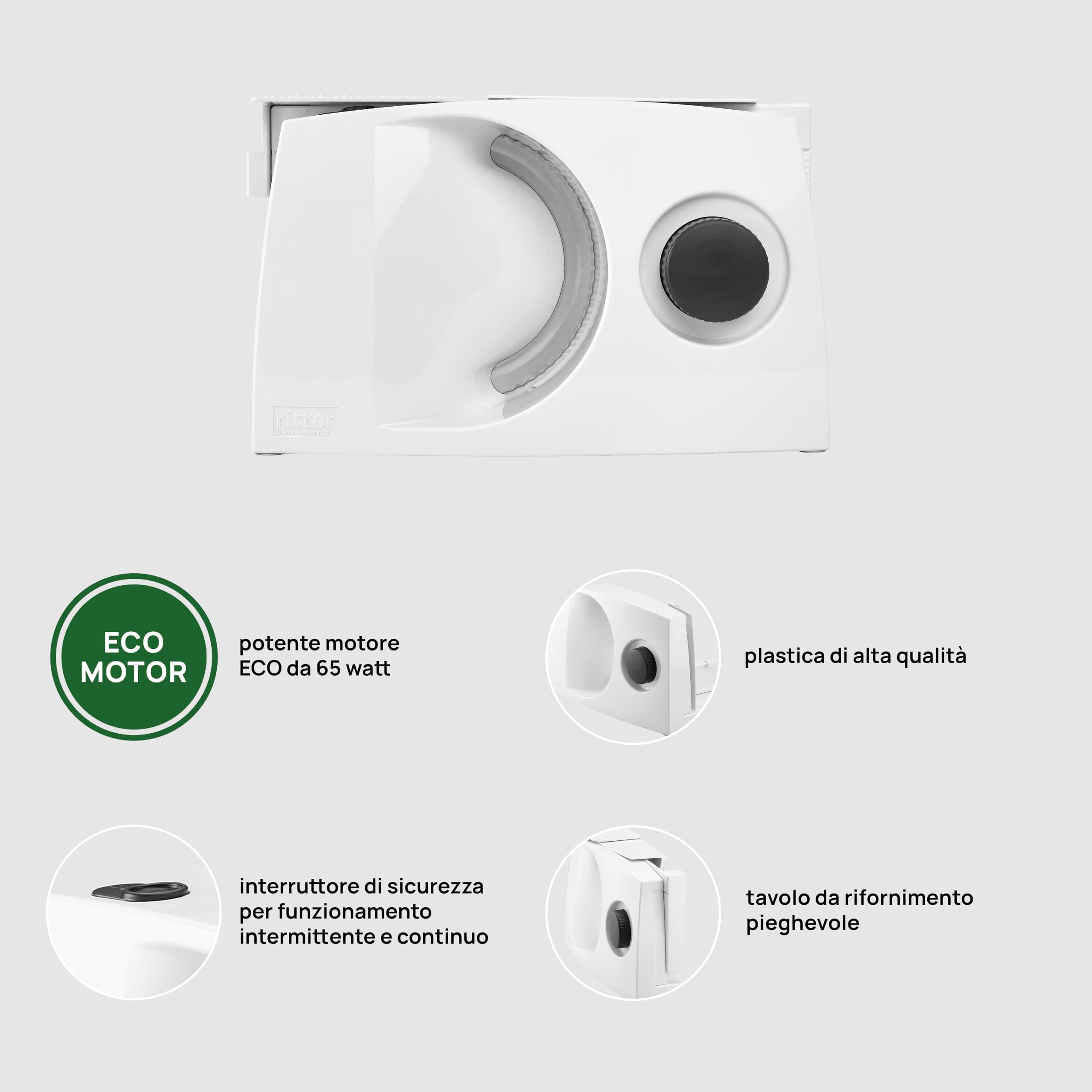 ritter 501.000 Markant 01 Affettatrice elettrica con motore ECO, Fatto in Germania, Bianco, Slitta divisibile, pieghevole