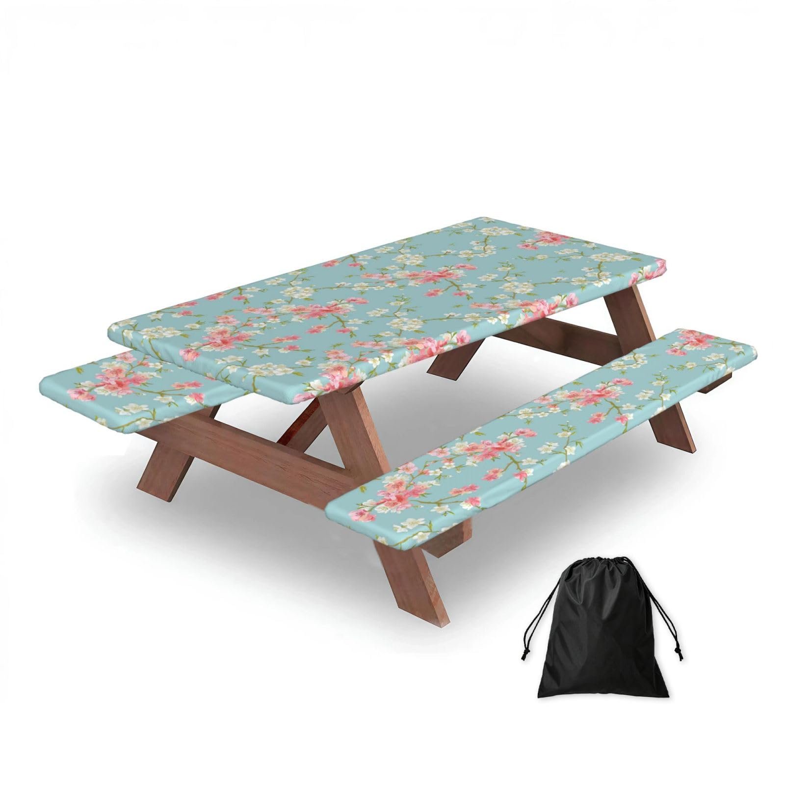 ESNAIUVCD Flowering Branches Print Picnic Table Cover With Bench Covers,Camping Essentials,Fitted Tablecloth Cover With Elastic Edge, For Indoor & Outdoor 3 Pcs