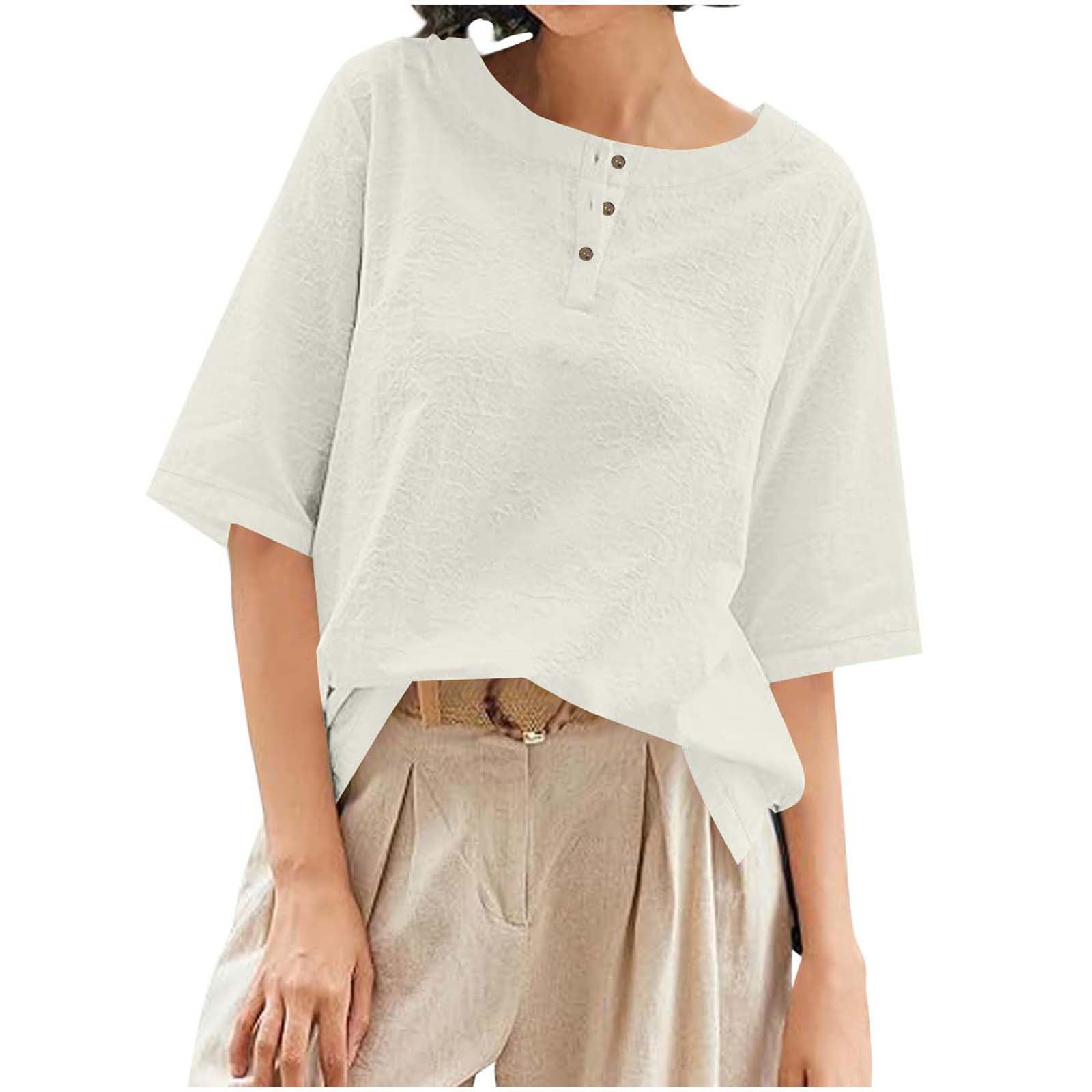 Linen Tops for Women Loose Fit Vintage Vacation T Shirts Half Sleeve Crew Neck Tshirt Casual Boho Travel Beach Clothes