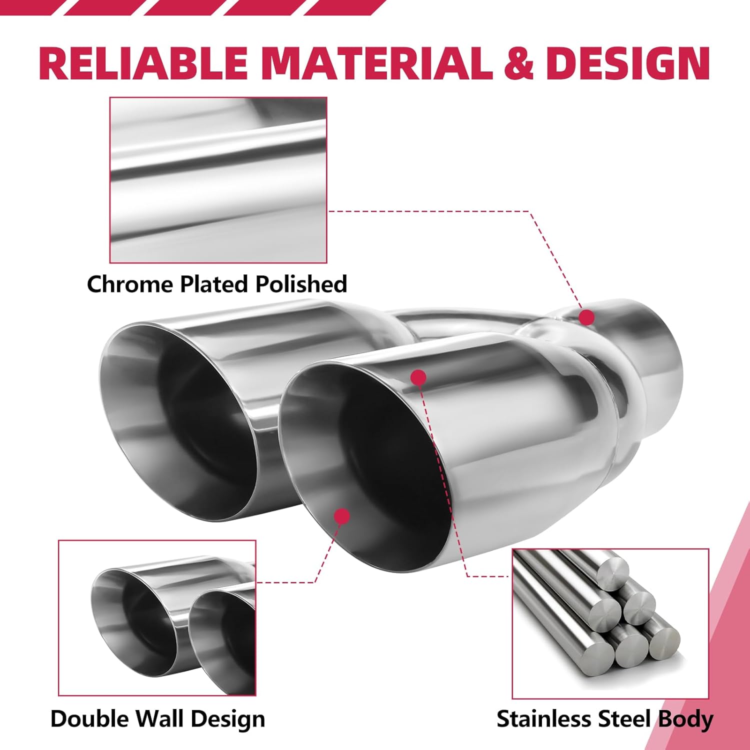 A-KARCK Dual Exhaust Tip 3 Inch Inlet 4" Dual Outlet 12" Overall Length Polished Stainless Weld-On Duo Layer Angle Exhaust Tailpipe Tips for Car Truck