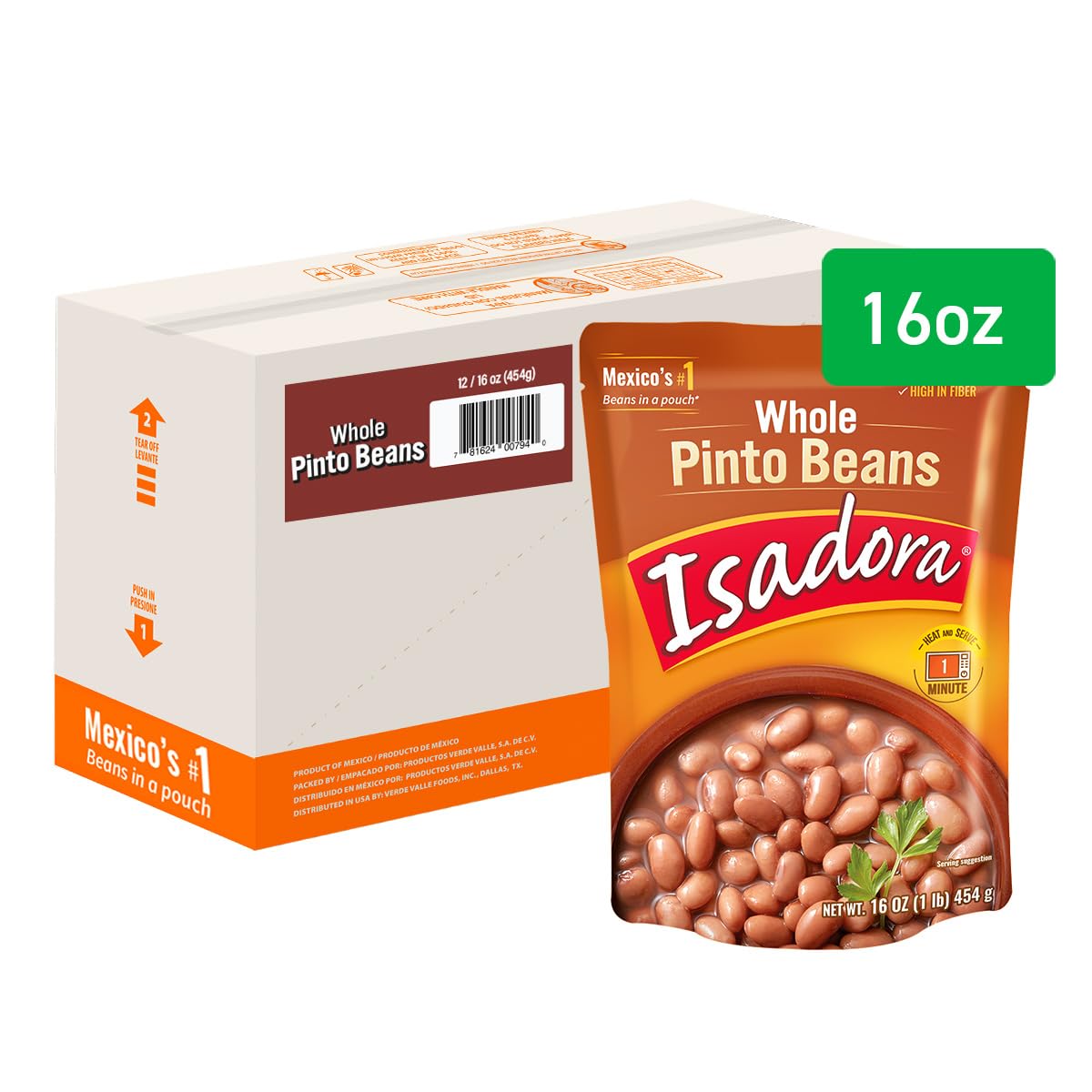 Isadora Whole Pinto Beans in Pouch (Pack of 12), Delicious Pinto Beans, Microwave Food Premade Meals, Plant Based Protein,16 oz