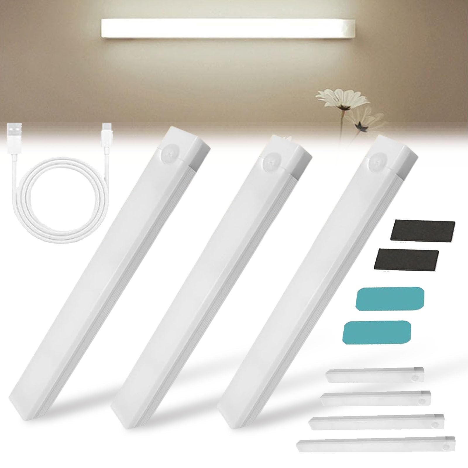 3 Pack Punch-Free Smart Sensor Magnetic Rechargeable Led Lights, Under Cabinet Kitchen Lights, Motion Sensor Light Indoor, Rechargeable Motion Activated Cabinet Lights (White Light, 20CM / 8IN)