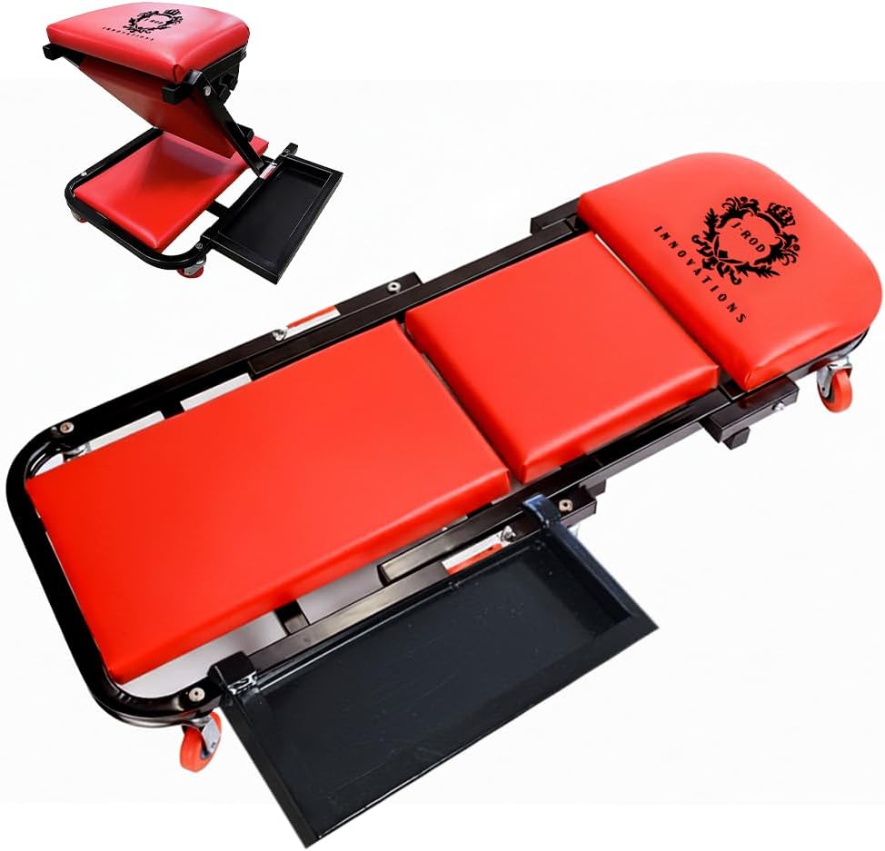40\" Mechanics Creeper Z fold with Side Tool Tray, 3 in 1 Low Profile,7pc-2.5\" (360°) Swivel castors, Heavy Duty 450lb Laying Capacity 300lbs Seated, Home and Garage,