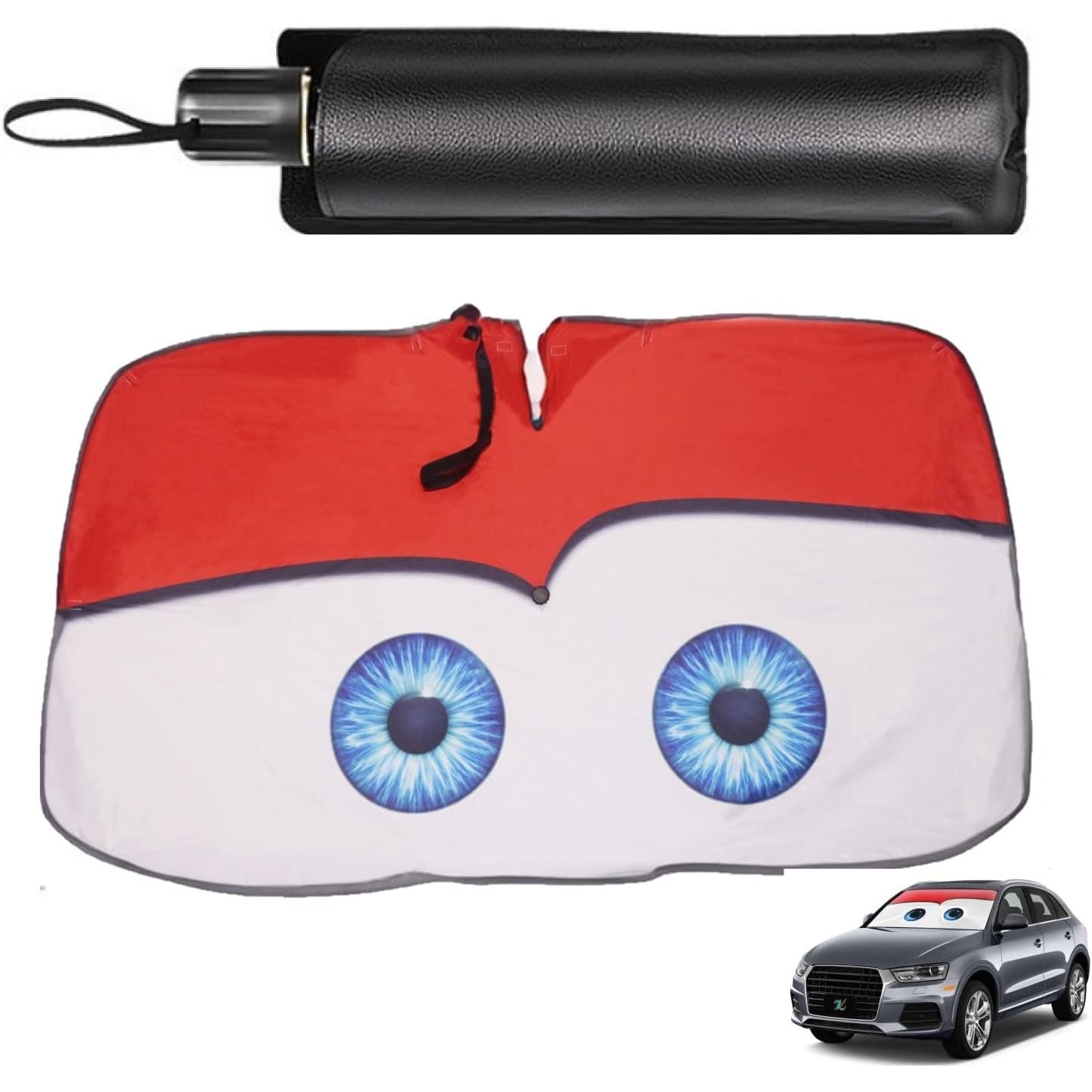 Parasol Coche Delantero Plegable con Ranura para Espejo Retrovisor de 145 x 79 cm，Parasol Coche Paraguas con Diseño Adorable de Ojos,Viene con Bolsa de Almacenamiento, Apto para berlinas,MPV,SUV