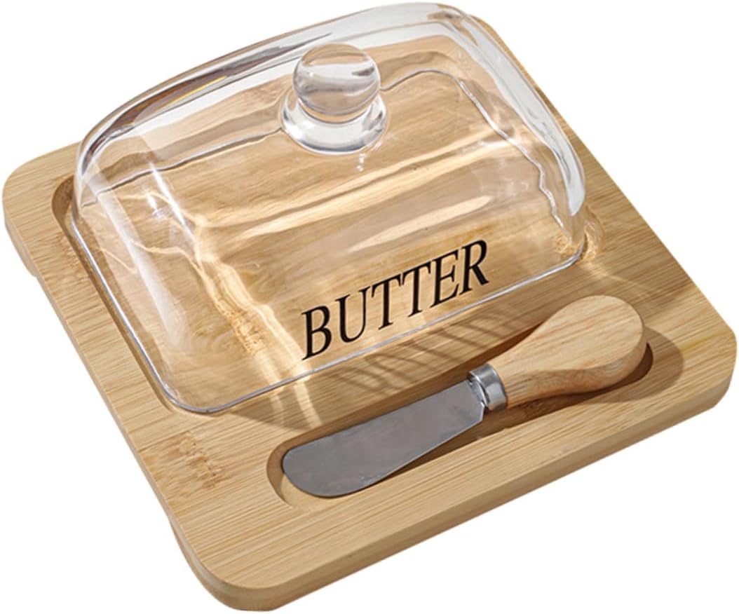 Amosfun 1Set Butter Dish with Glass Dome and Metal Cutter Elegant Transparent Butter Storage Container for Kitchen for Slicing and Storing Butter Fresh