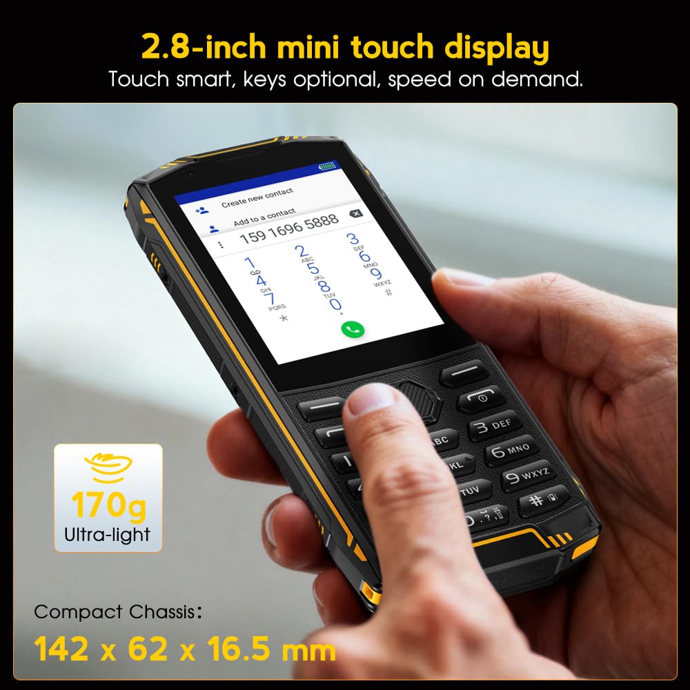 Mini 5 Mini Rugged Smartphone, 2.8 pollici, 4G Dual SIM Telefono Indistruttibile, WhatsApp, 2500mAh Telefono outdoor, Leggero, 3 slot, Jack 3.5 mm/FM/IP68/Telefoni sostitutivi,Nero