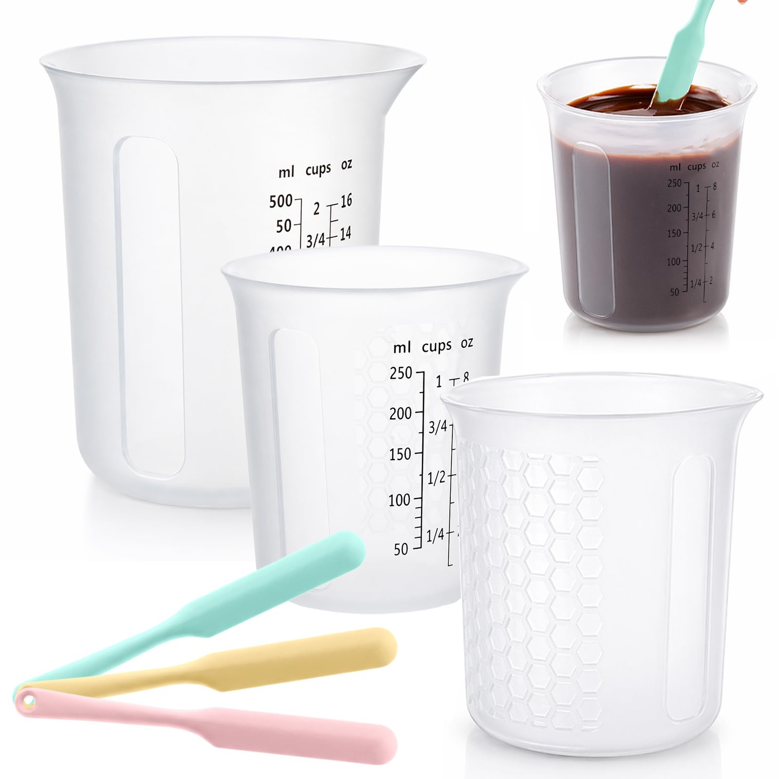 Juego de tazas medidoras de silicona – 250 ml, 250 ml y 500 ml para chocolate y caramelos – Incluye 3 espátulas de tarro, apto para microondas, flexible para hornear