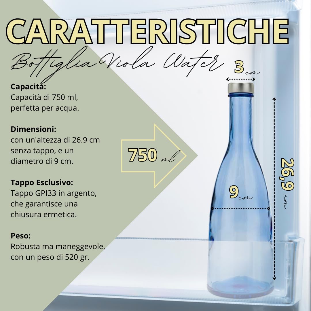 Lot de 6 bouteilles en verre bleu modèle Conviva, 750 ml, bouchon à vis couleur argent, bouteille en verre pour eau solaire
