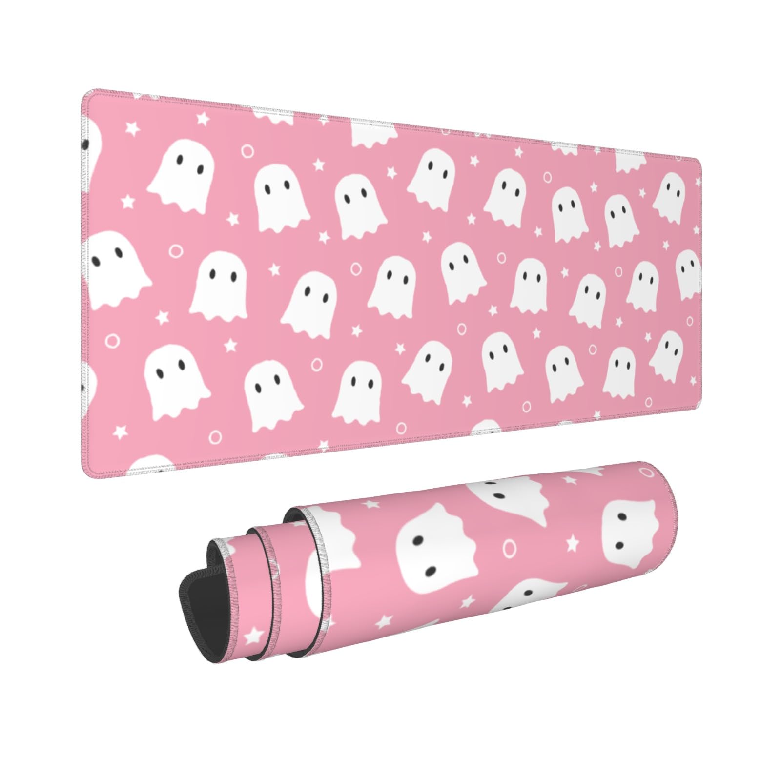 Alfombrilla de ratón rosa con diseño de fantasma, tamaño XL, de 31.5 x 11.8 pulgadas, diseño divertido de Halloween, Kawaii, tapete extendido grande para laptop, teclado, escritorio, base de goma
