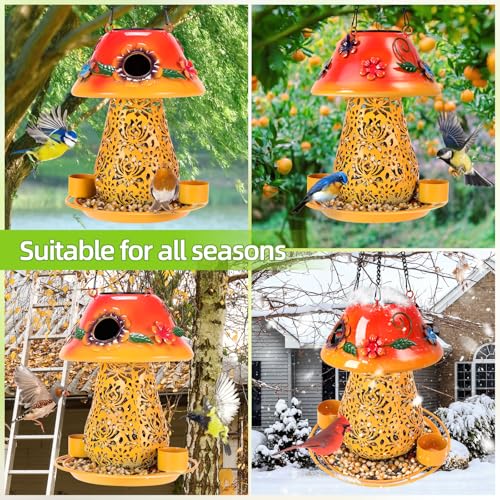 Mushroom Solar Bird Feeders for Outdoors Hanging Metal Wild Bird Feeder with S Hook for Garden Decoration Orange by YYWMWM - Used condition - Image 6
