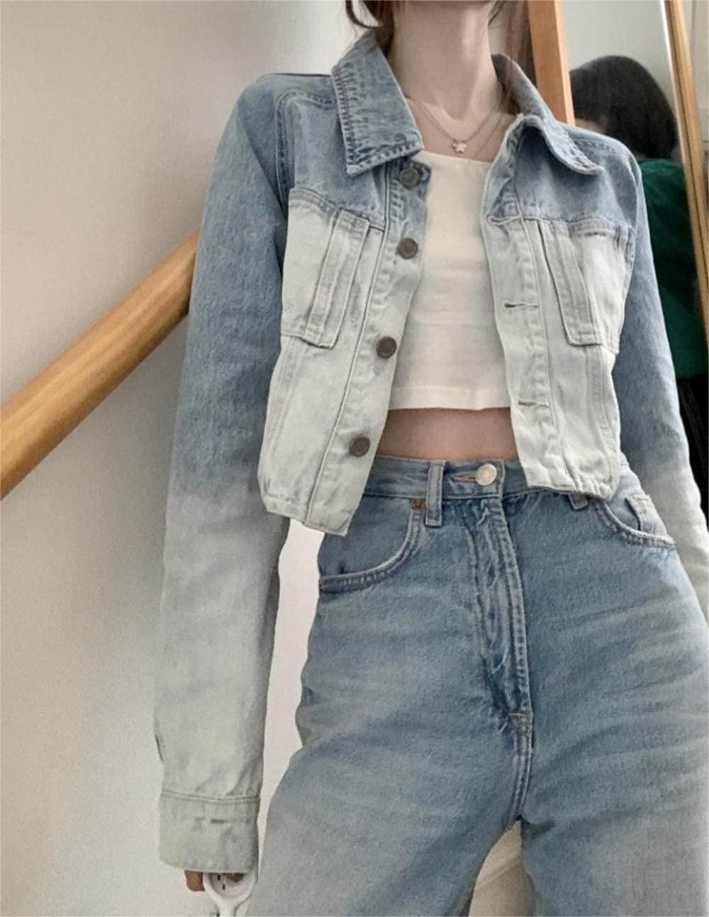 Damen-Hemd Mit Knopfleiste,Gewaschenes Crop-Top Mit Farbverlauf Für Damen, Denim-Blusen, Hemd Mit Langen Ärmeln, Lässiges Knopfhemd, Jacke, Revers, Doppeltaschen, Blusen, Tunika, Leichte Jeans, Modi