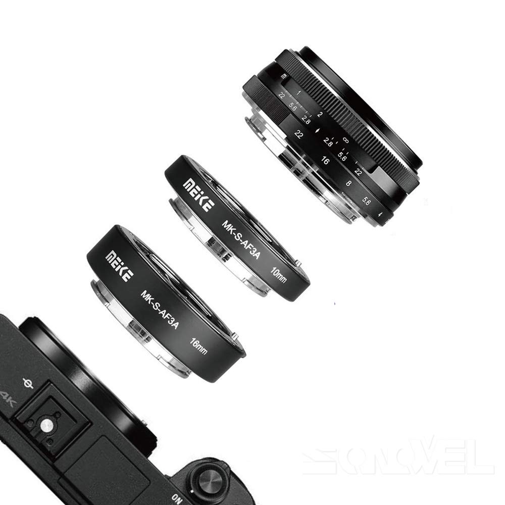 Meike MK-S-AF3A 10 mm + 16 mm AF messa a fuoco automatica macro anello adattatore tubo di estensione, compatibile con Sony, mirrorless a6300 a6000 a7 a7SII NEX E-Mount FE-Mount fotocamera