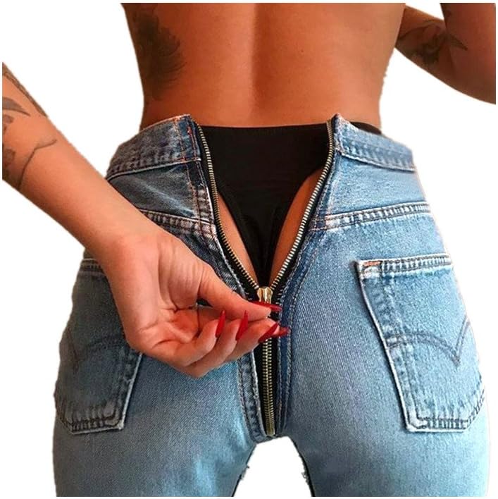 JIGAE New Sexy Collection Women Fashion Bodycon Embroidery Denim High Waist Back Zipper Denim Pants (L, Sky Blue)