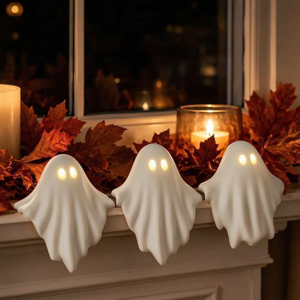 EHOTER Glowing Ghost Table Decor Luminous Ghost Ornament Light Up Ghost Ornament with Warm Led Light Shelf Sitting Ghosts Figurine for Table Bookshelf Mantel (3PCS)