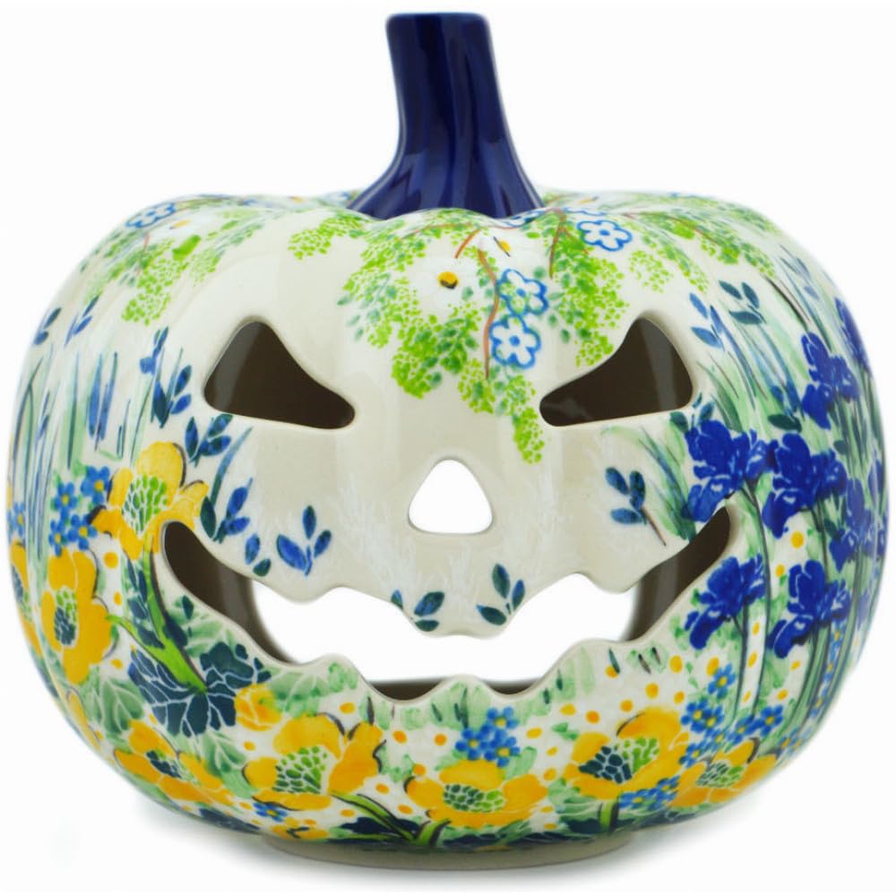 Authentic Polish Pottery Jack O Lantern Candle Holder Signature UNIKAT in Peaceful Garden Design Handmade in Boles?awiec Poland by Ceramika Artystyczna + Certificate of Authenticity