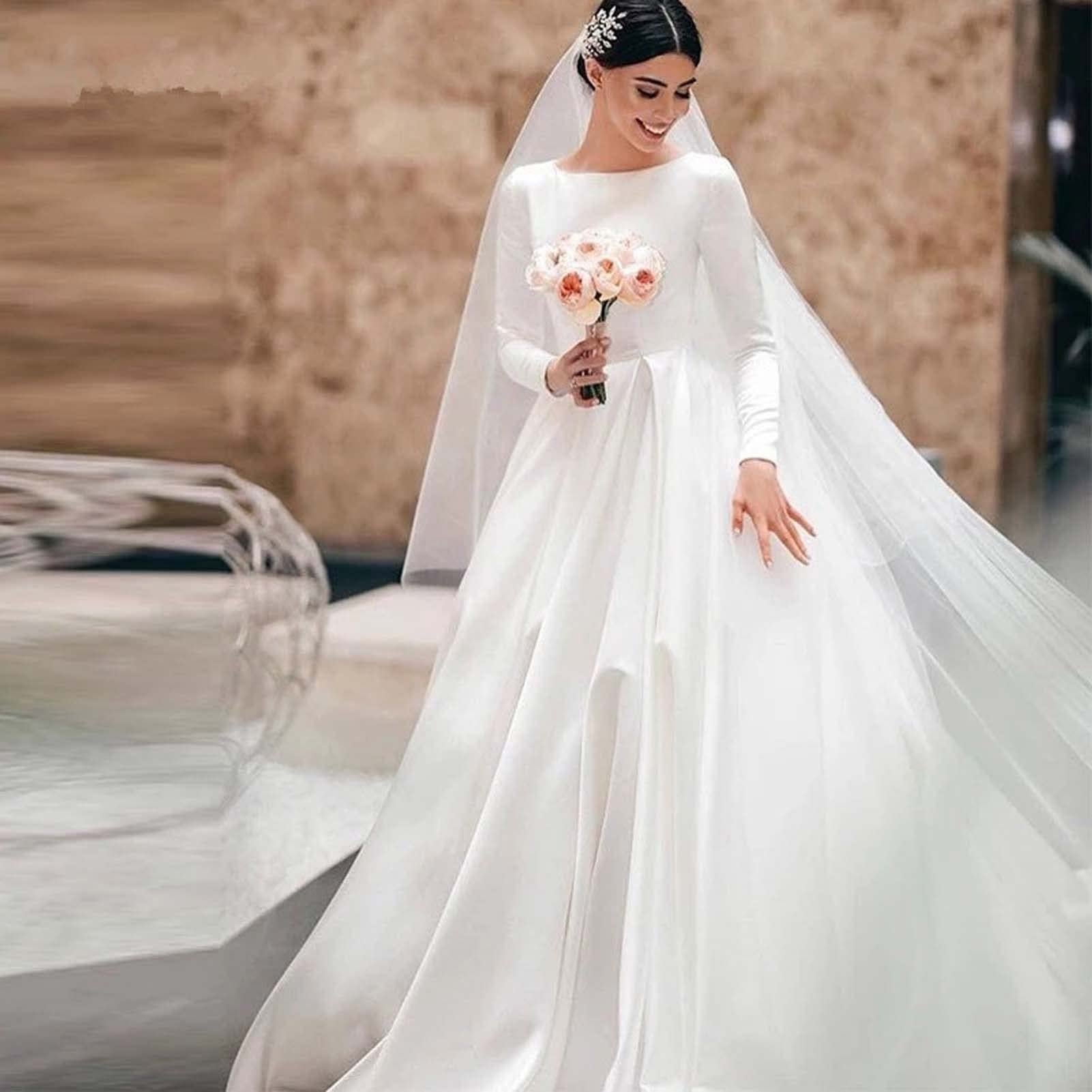 Vestido de Novia de Satén para Bodas Femeninas, Blanco, 14