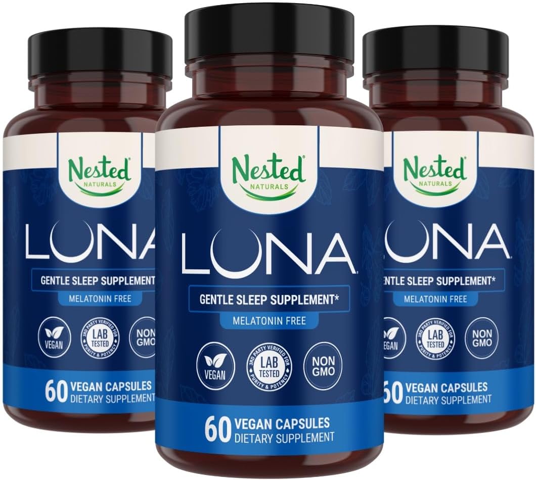 Nested Naturals Luna Melatonin Free, Non-Habit Forming Herbal Sleep Supplement w/Chamomile, Valerian, L-Theanine, 180 Vegan Capsules (60 Capsules Per Bottle)