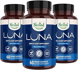Nested Naturals Luna Melatonin Free, Non-Habit Forming Herbal Sleep Supplement w/Chamomile, Valerian, L-Theanine, 180 Vegan Capsules (60 Capsules Per Bottle)
