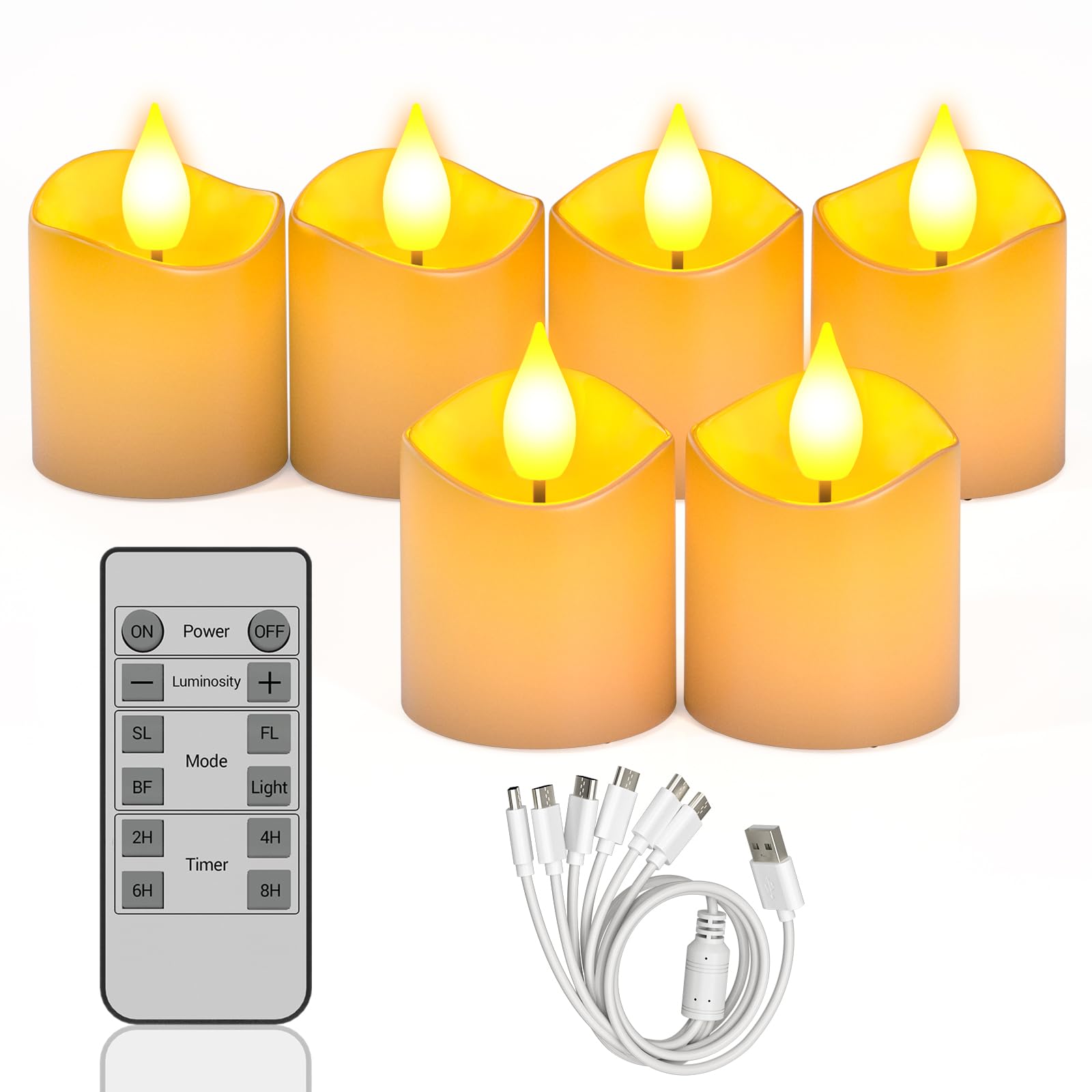 SoulBay 6pcs LED Candles Rechargeable with Remote, 1.5" D x 2.28" H Flameless Flickering Fake Battery Candles with Timer, No Battery Needed, White