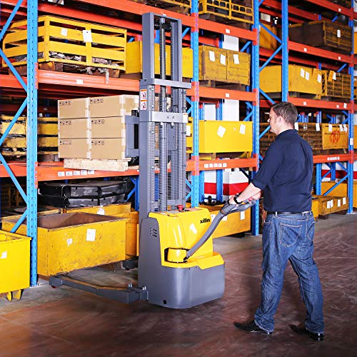 Xilin Full Electric Powered Stacker Material Lift with Straddle Legs 98\" Lifting Height with Adjustable Forks 2200lbs Capacity