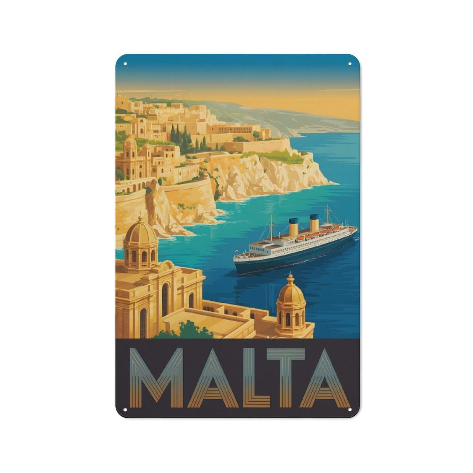 Junmoney Style-19 Malta Travel (2) Decorative Tin Plaque 30X20cm, Decorative Novelty Wall Art For Hallway, Home Bar, Garage Or Study