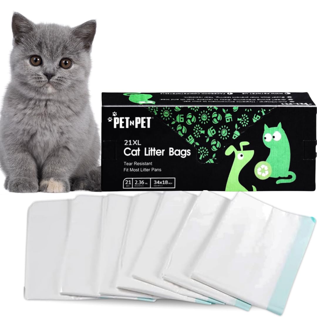 PET N PET Cat Litter Box Liners Bags Extra Large, Heavy Duty Tear Resistant & Drawstring Closure Cat Litter Bags, Waterproof Kitty Box Liners Fits
