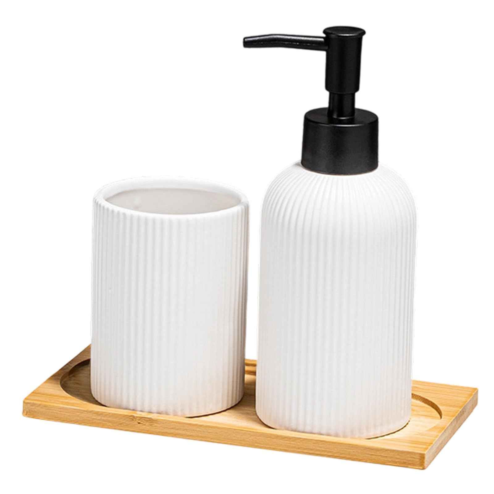 Of 3 Ceramic Soap Dispenser Set with Wood Storage Tray and Toothbrush Cup for Bathroom Countertop Display Decoration Toothbrush Cup